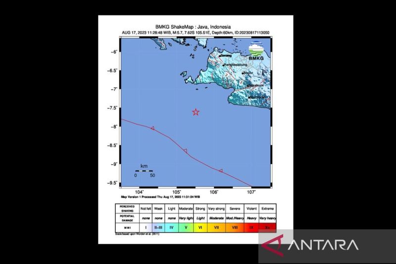 Gempa Magnitudo 5 7 Guncang Barat Daya Muara Binuangeun Banten ANTARA