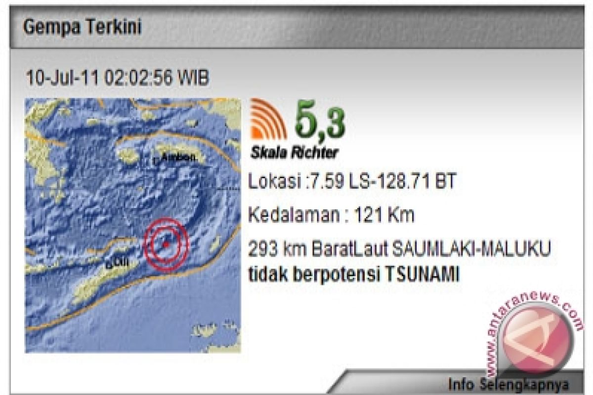 Gempa 5,3 SR Guncang Saumlaki, Maluku