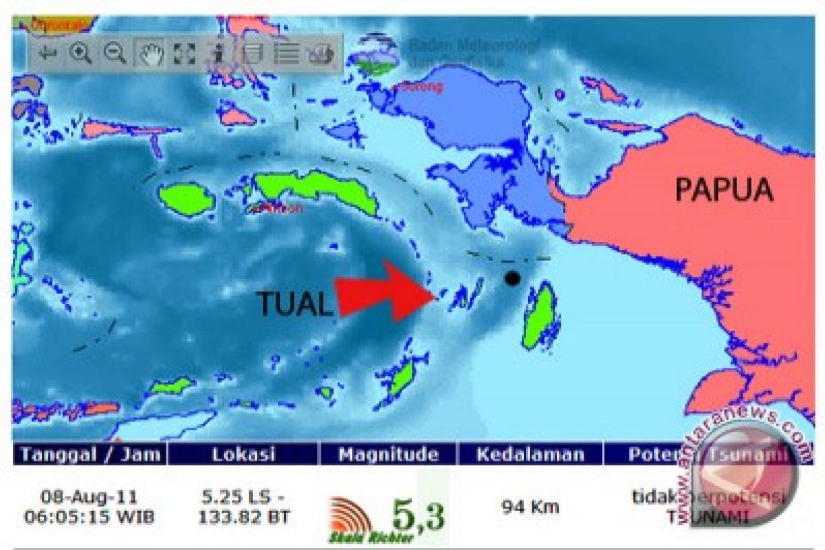 Gempa 5,5 skala ricther dekat Tual Maluku