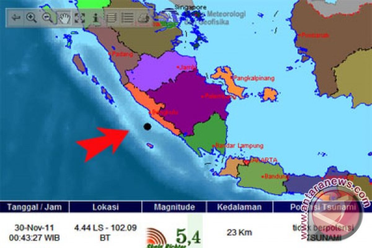 Gempa 5,4 SR guncang Bengkulu
