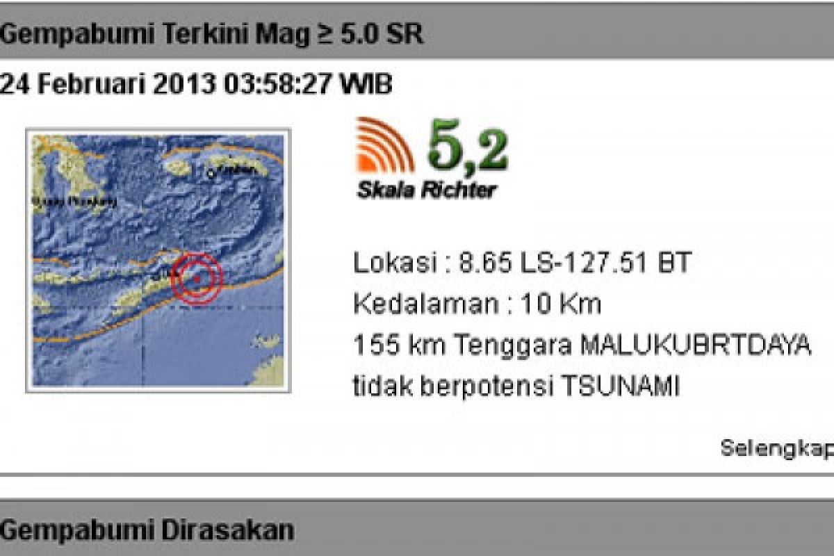 Gempa 5,2 SR guncang timur laut Maluku