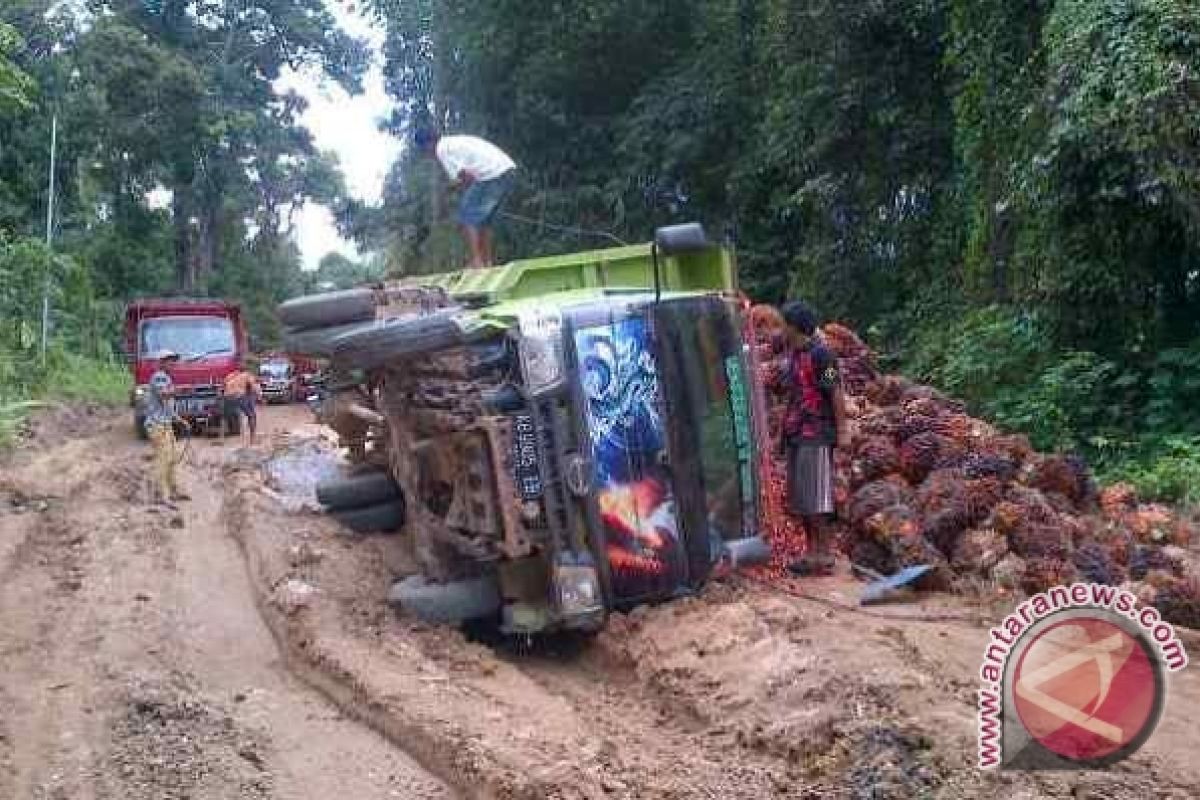 Truk Bermuatan Sawit 7 Ton Terguling di Sungai Ayak Dua