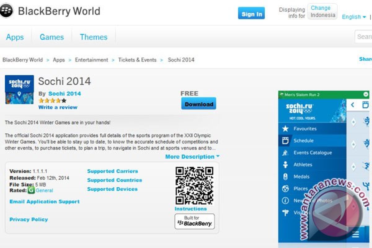 Aplikasi Sochi 2014 tersedia di BlackBerry World