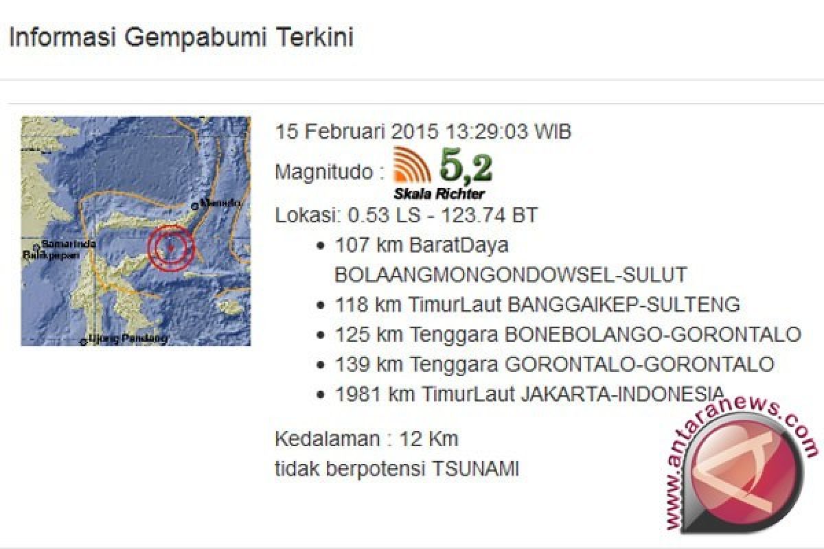  Gempa 5,2 skala richter dekat Bolaang Mongondow