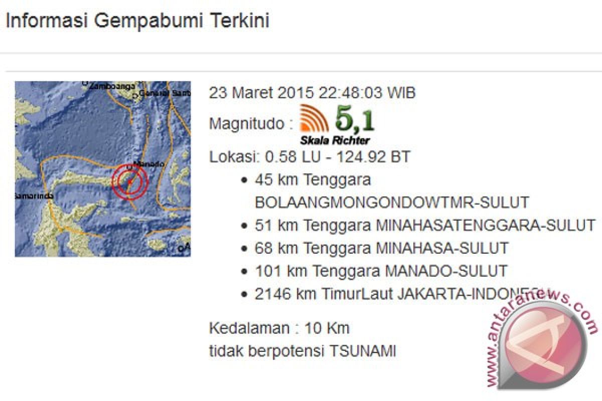 Gempa 5,1 skala Richter di perairan Sulut