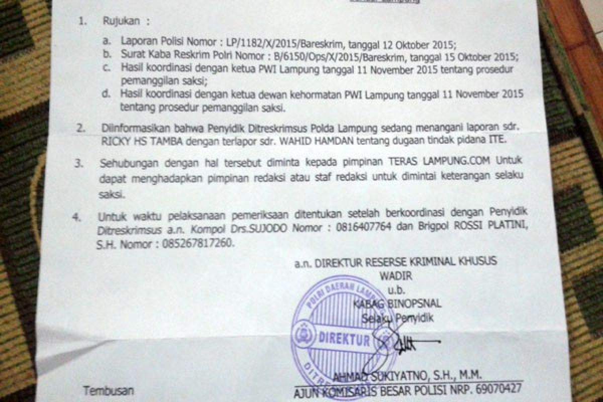LBH Pers Surati Polda Lampung Panggil Wartawan