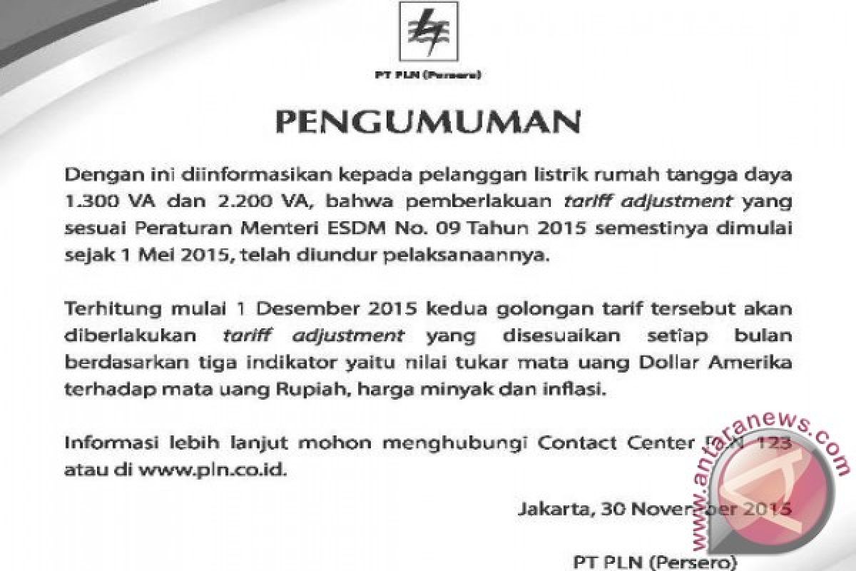 Tariff Adjusment Listrik Desember 2015