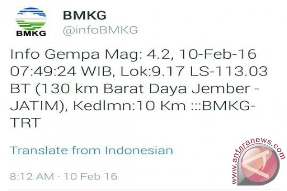 Kabupaten Jember Diguncang Gempa 4,2 SR