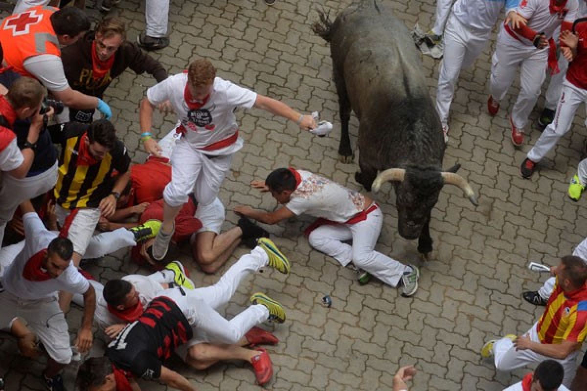 Seorang pria ditanduk saat balap lari dengan banteng di Pamplona