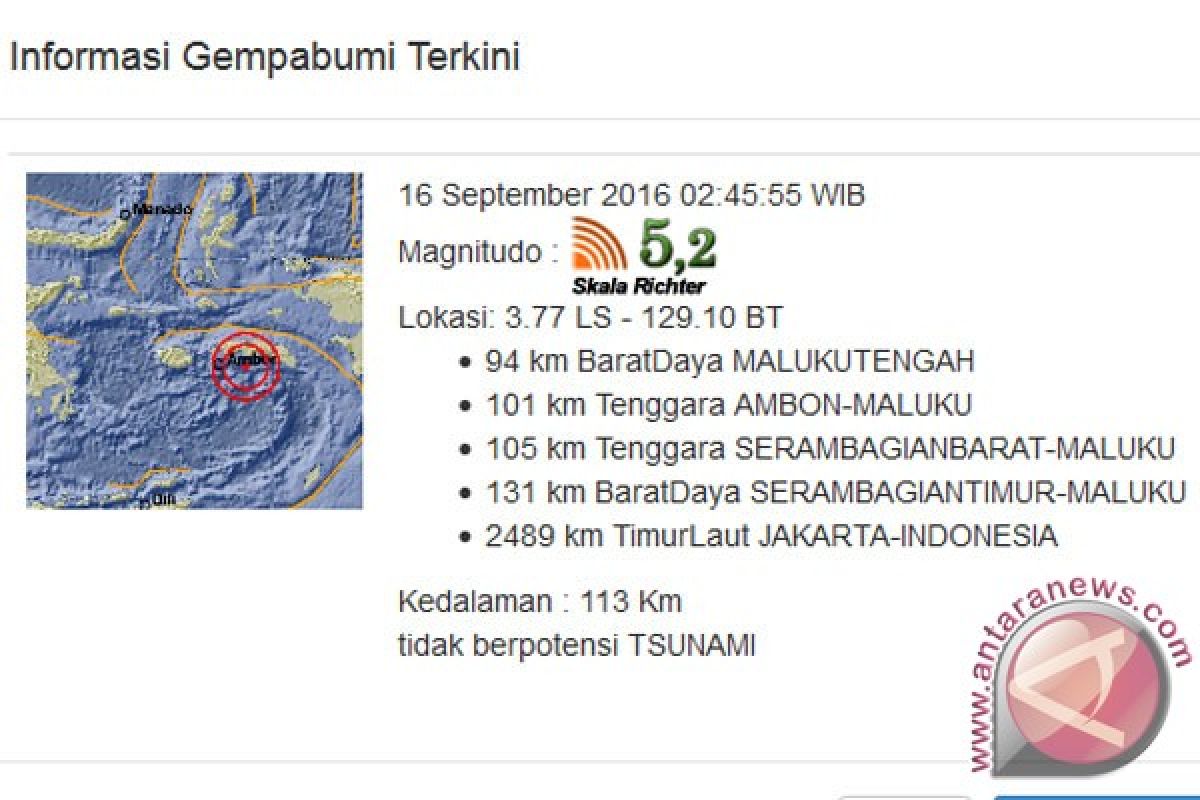 Gempa 5,2 skala Richter di Maluku Tengah