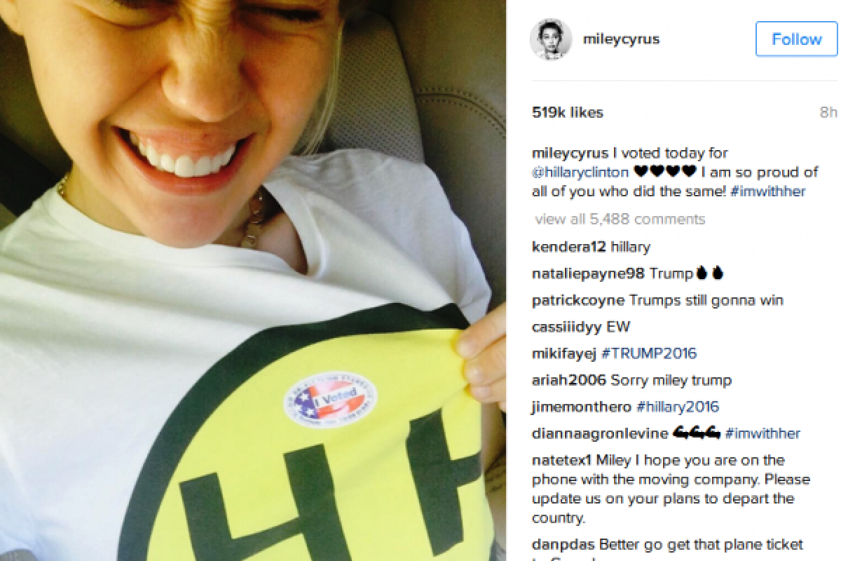 Miley Cyrus menggunakan hak pilih di TPS "drive-thru"