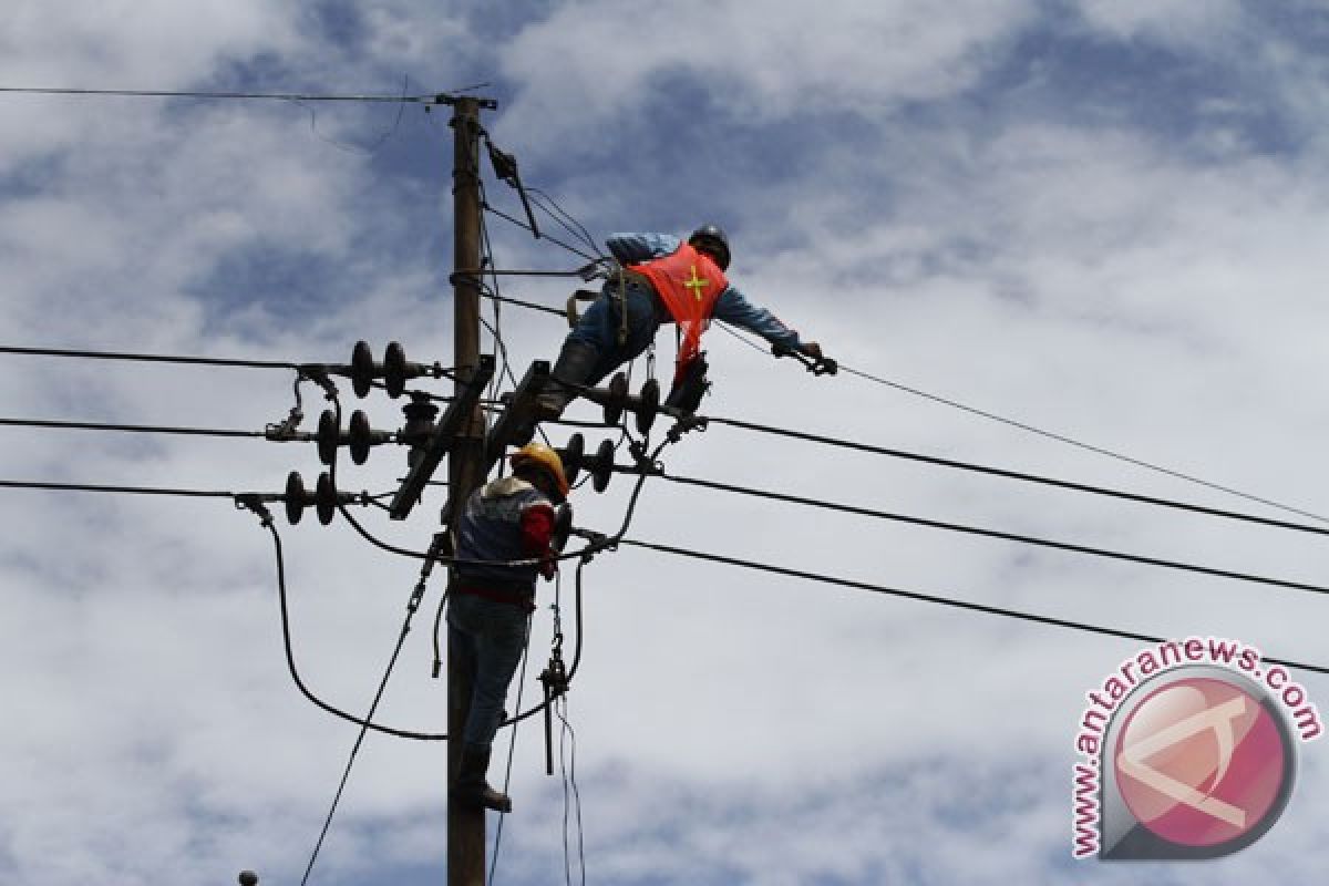 Pekerja PLN Karawang tergelantung di tiang listrik
