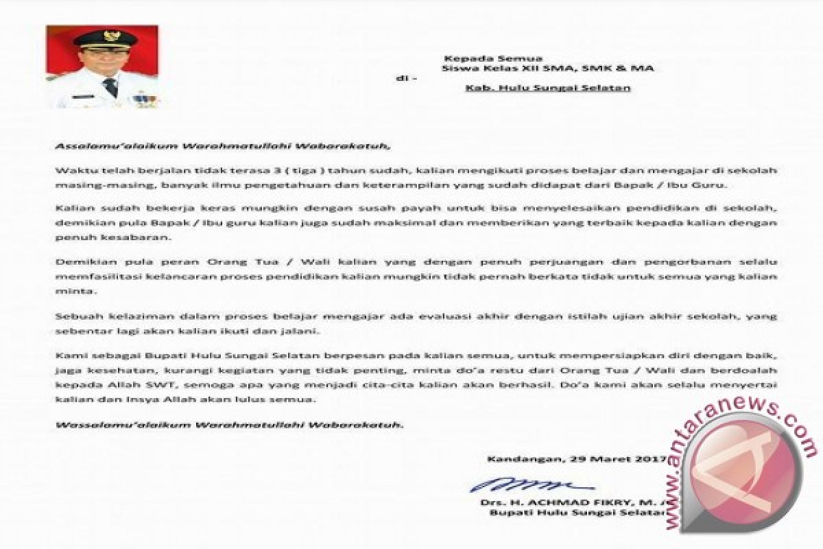 Surat Bupati HSS Untuk Peserta UN