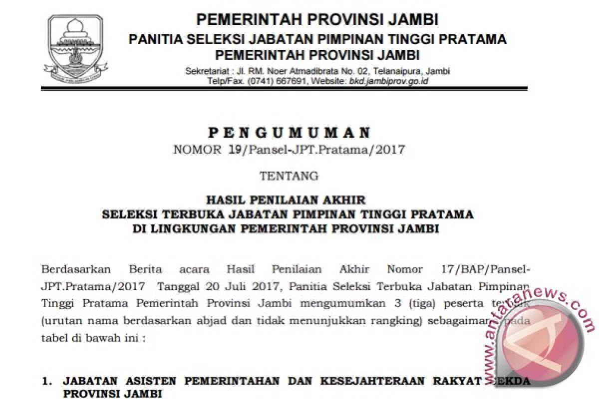 Pemprov umumkan hasil akhir peserta lolos lelang jabatan