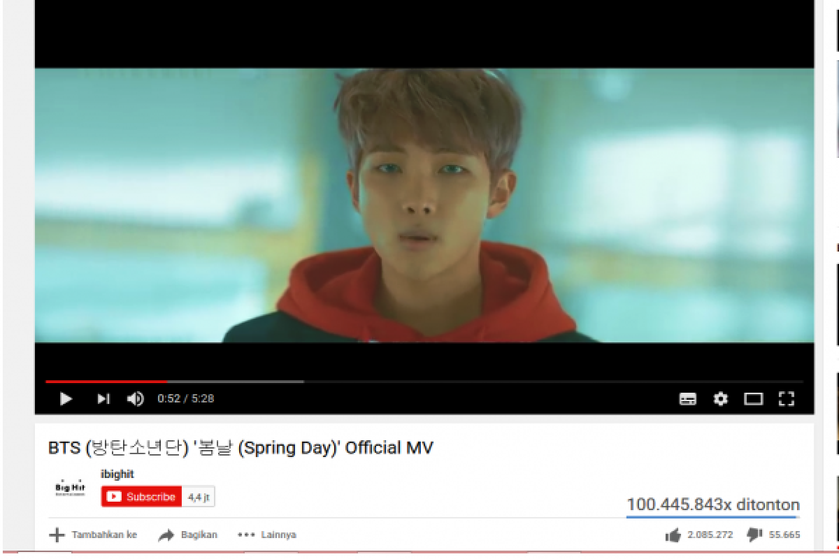 Lagu BTS "Spring Day" Ditonton Lebih dari 100 Juta Kali di YouTube