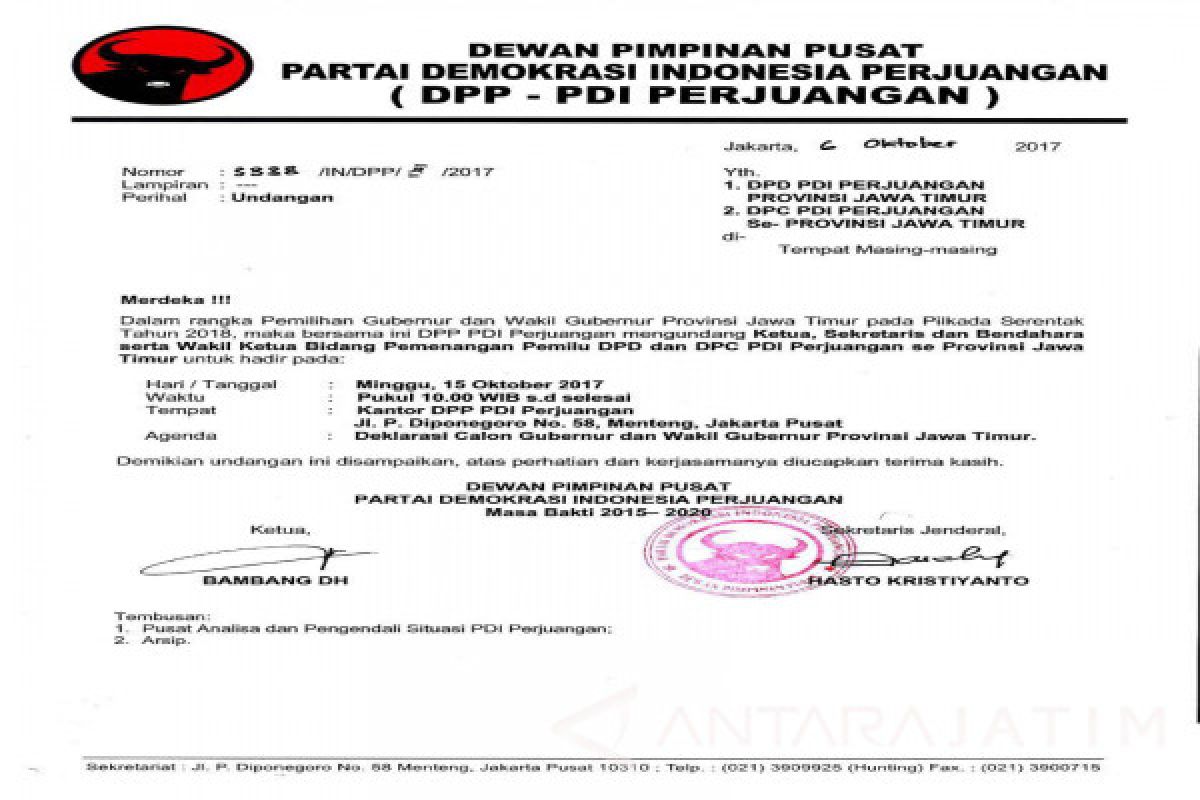Pasangan Cagub Jatim asal PDIP Diumumkan di Jakarta 15 Oktober