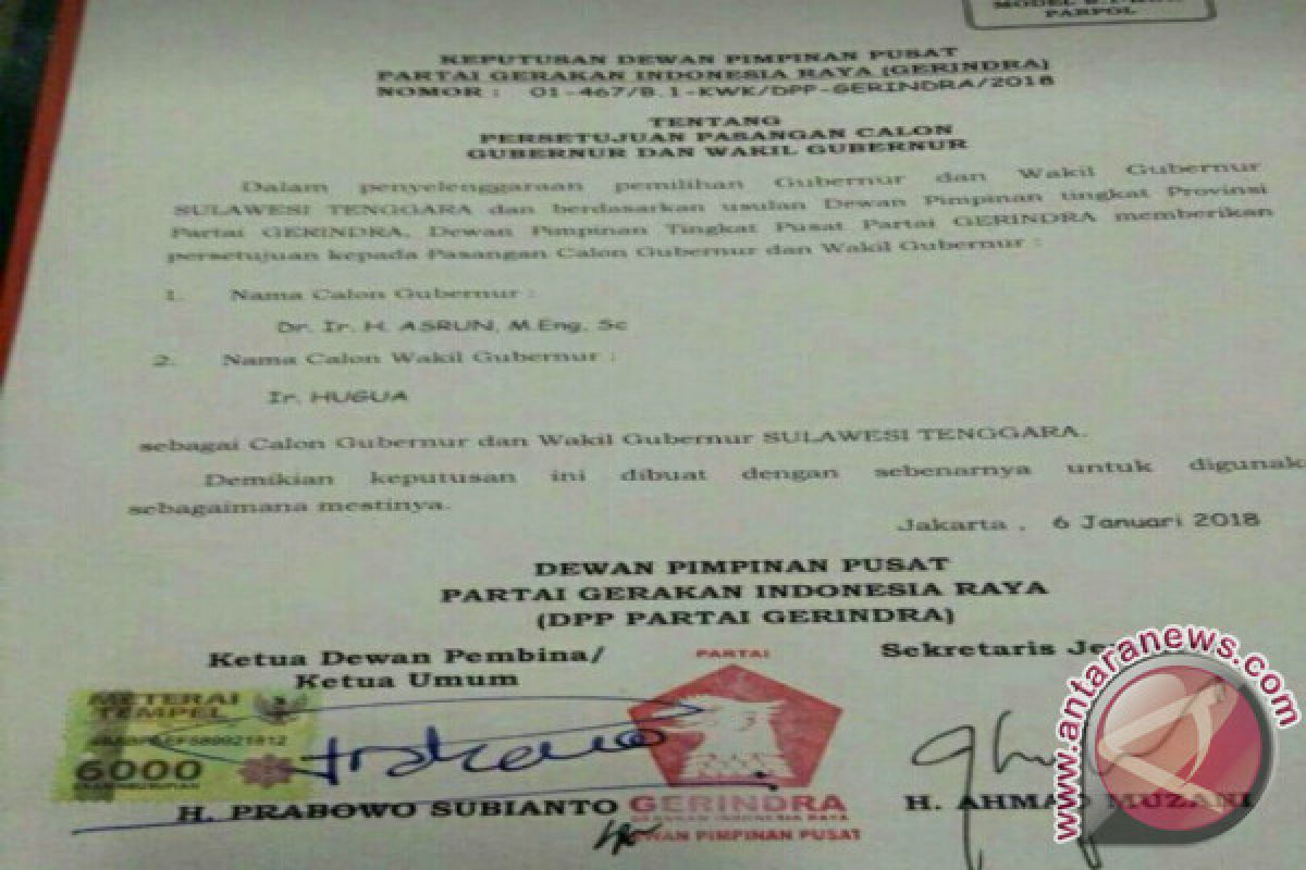 Pilgub Sultra, Gerindra Resmi Dukung Asrun-Hugua