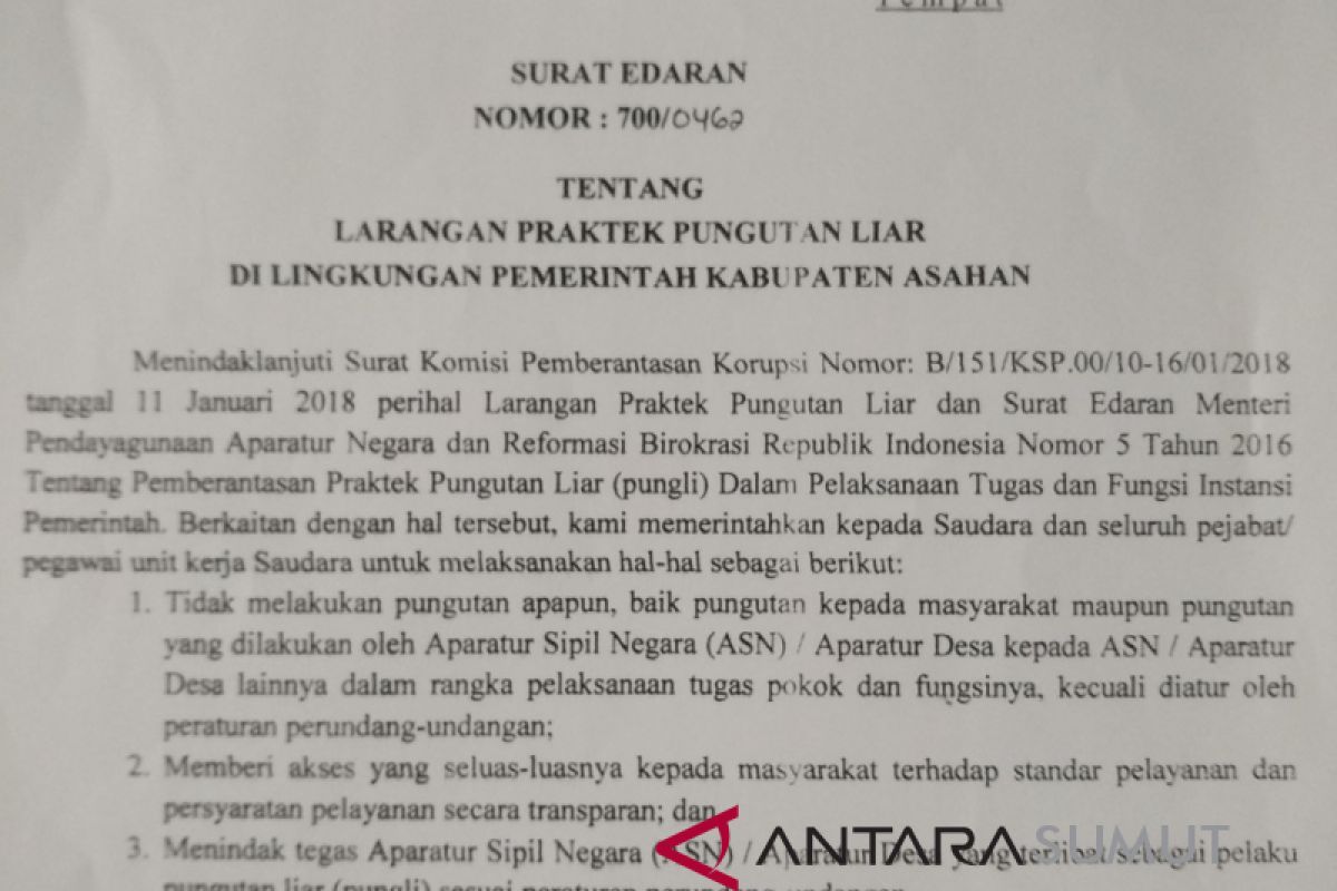 Bupati larang ASN lakukan praktik pungli