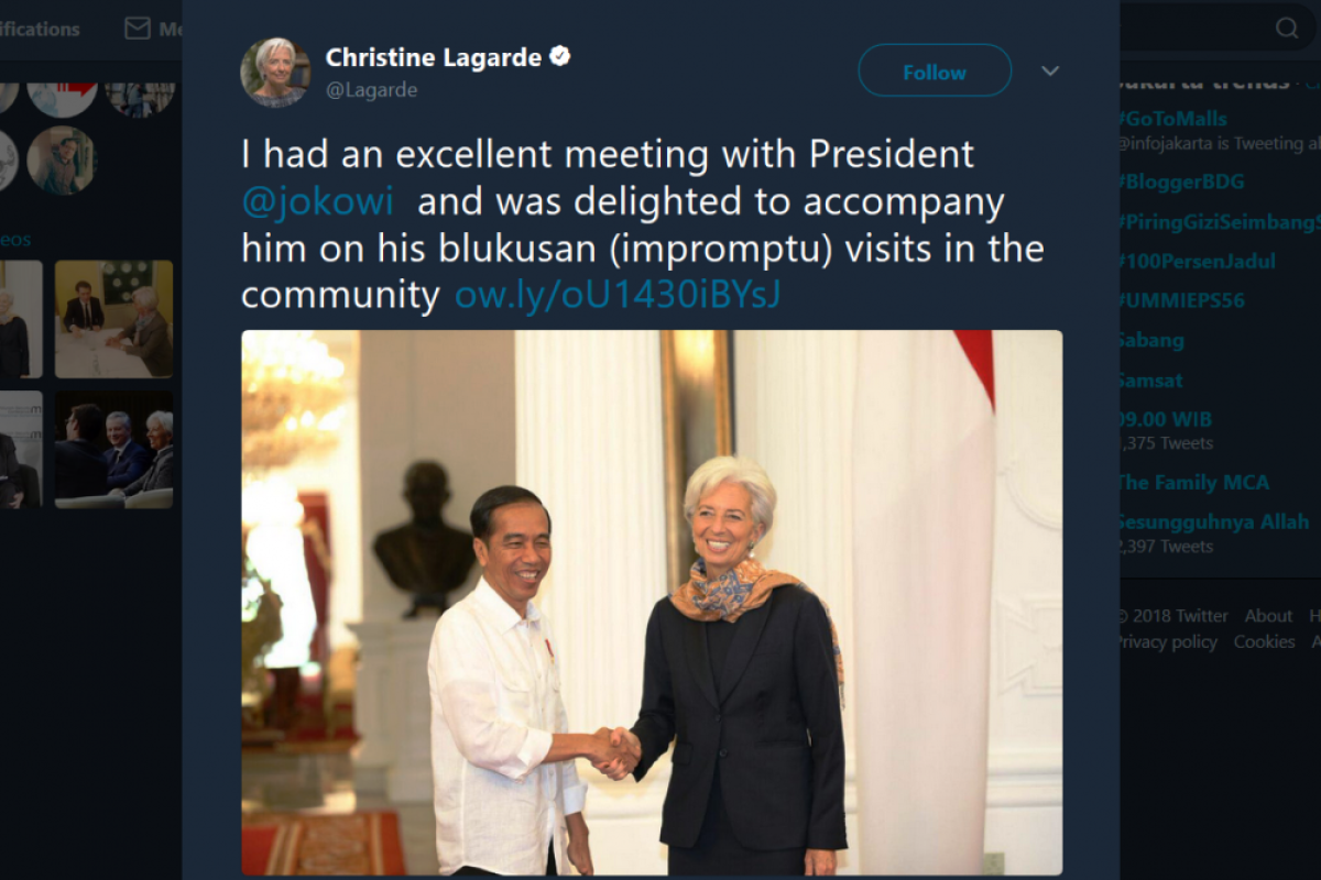 Terkesan diajak Presiden ke Tanah Abang, Lagarde sebut blusukan jadi 'blukusan'