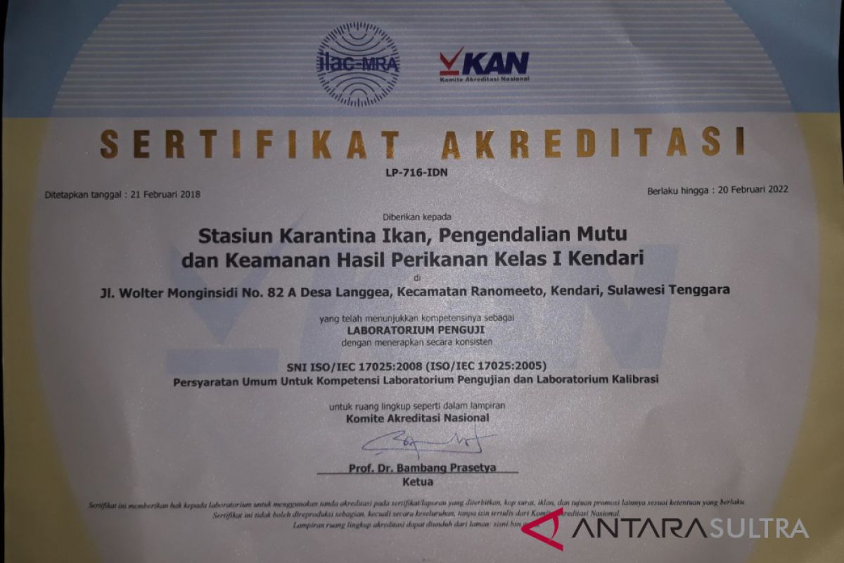 Laboratorium BKIPM Kendari raih sertifikat akreditasi