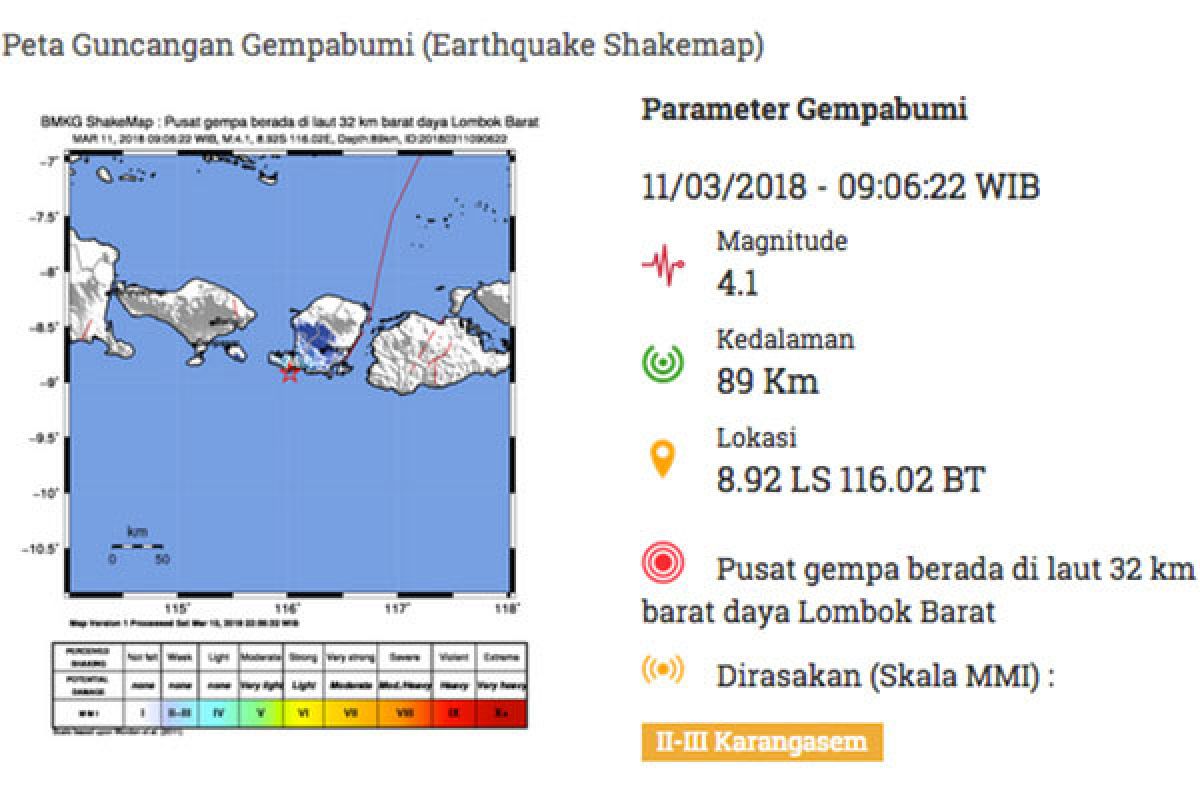Gempa 4,1 SR guncang Bali dan Lombok