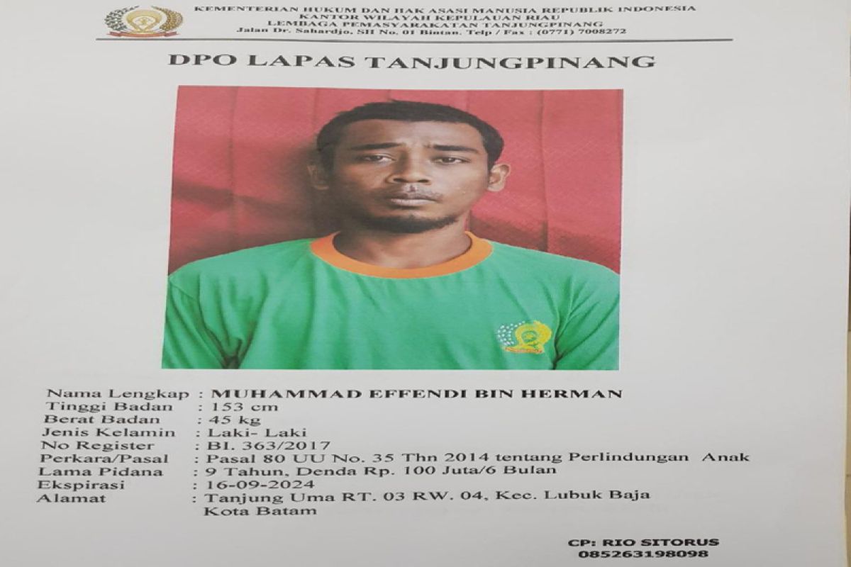 Dua warga binaan Lapas Tanjungpinang melarikan diri