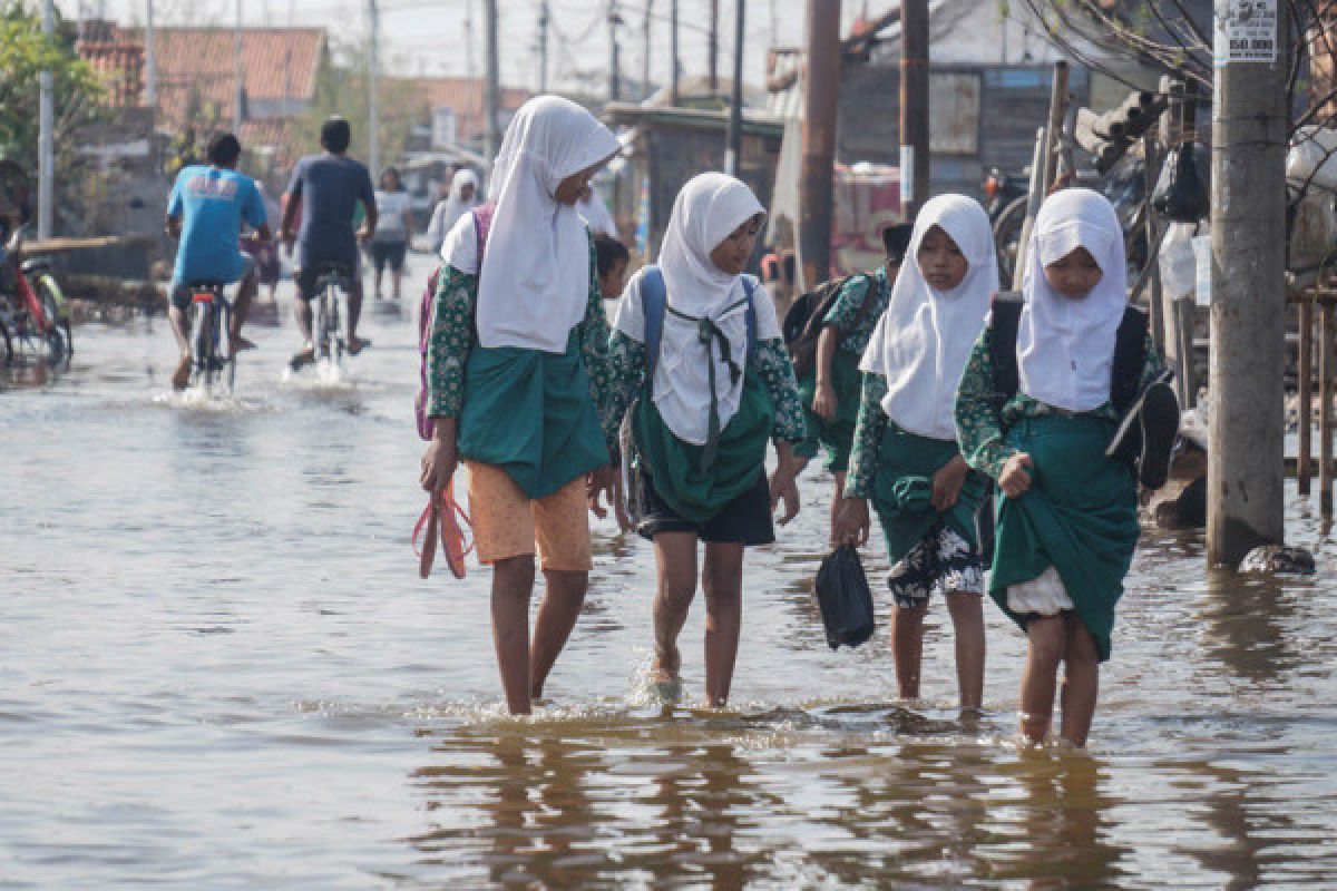 Siswa Pekalongan kerjakan ujian di genangan rob