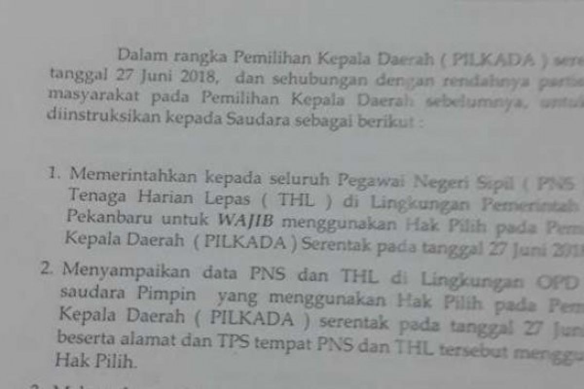  Pekanbaru Terbitkan Edaran Wajib "Nyoblos" Bagi ASN-THL