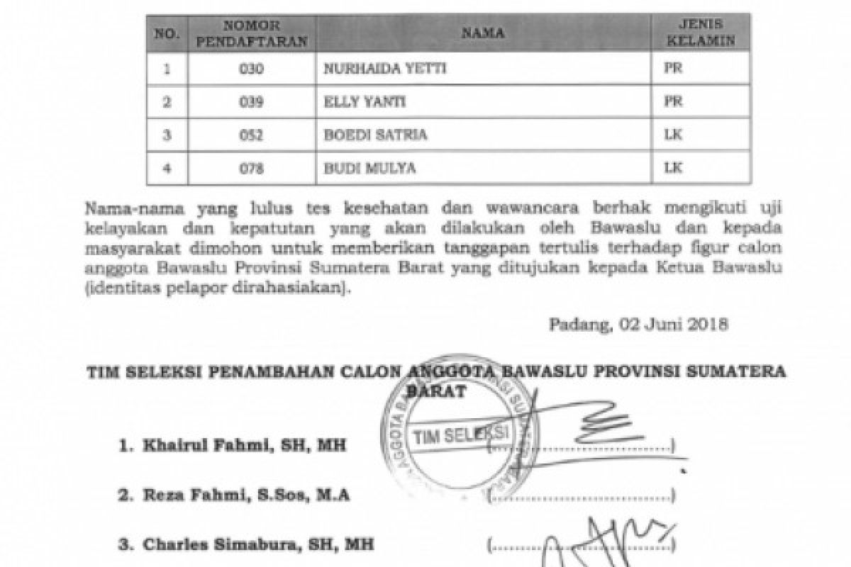 Dua Timsel tolak hasil wawancara calon anggota Bawaslu Sumbar