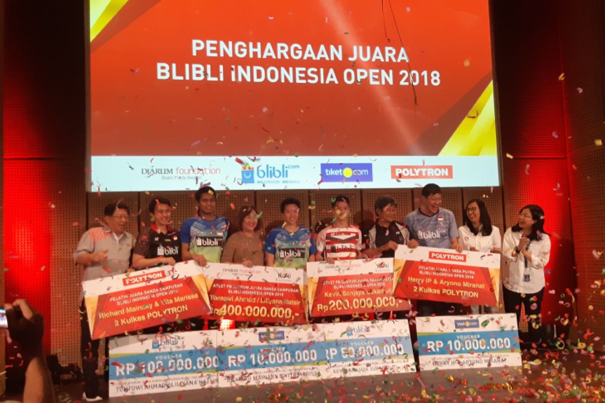 Para juara Indonesia Open diguyur bonus ratusan juta
