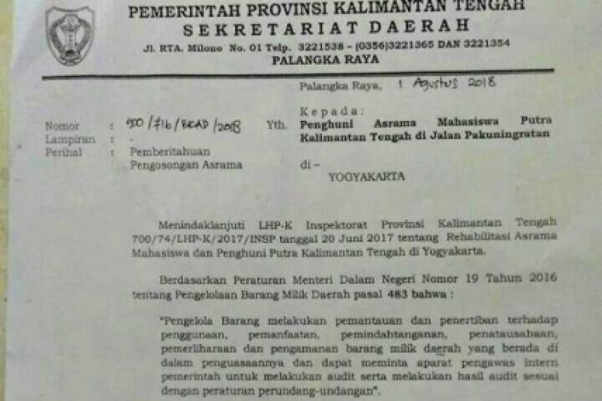 Cara pengosongan Asrama mahasiswa Kalteng di Yogyakarta menuai kritik