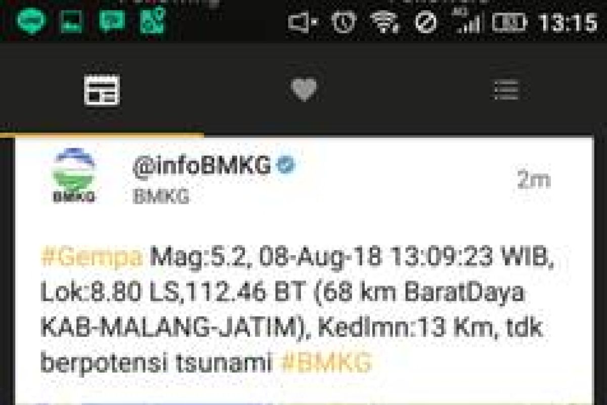 Gempa Tektonik 4,4 SR Guncang Malang