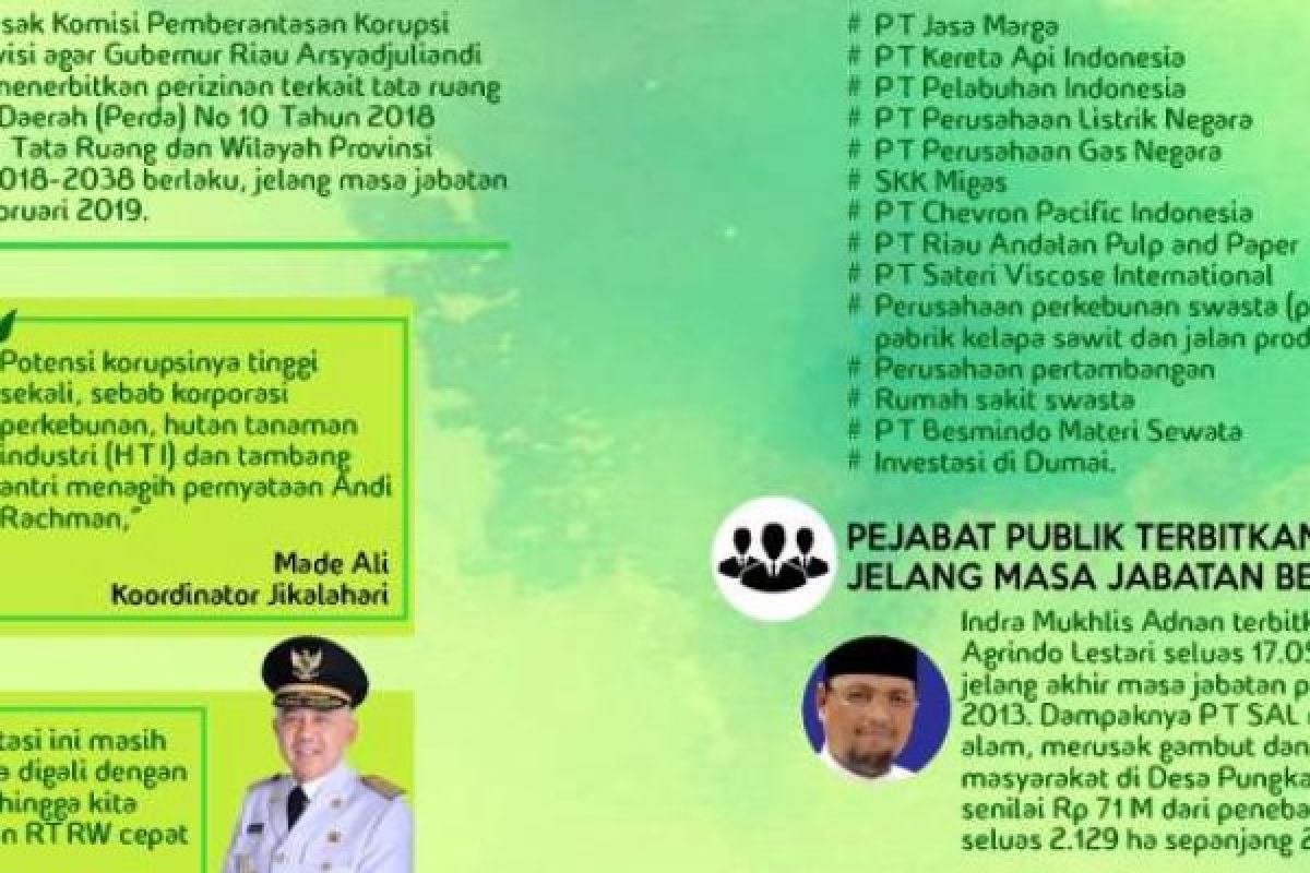 Jikalahari Minta KPK Supervisi Penerbitan Izin Jelang Jabatan Gubernur Riau Berakhir