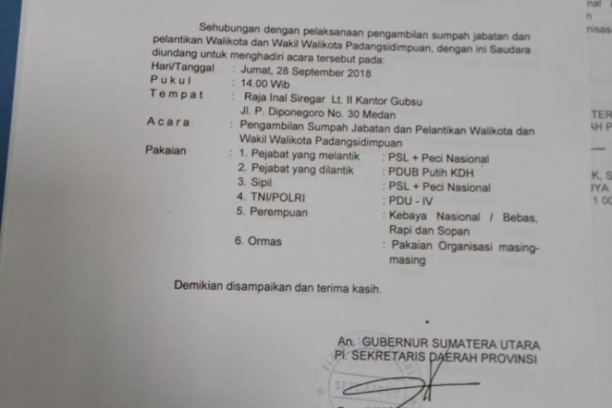 Wali Kota Padangsidimpuan dilantik 28 September 2018