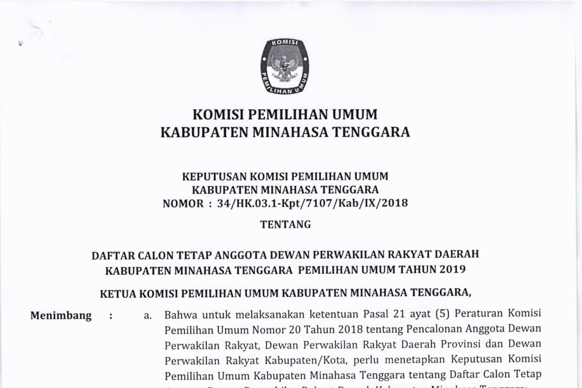 Pengumuman DCT DPRD Kabupaten Dapil Minahasa Tenggara