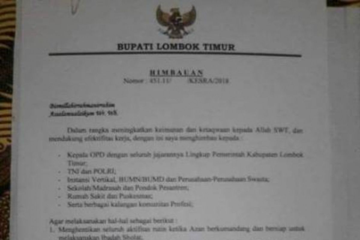 Bupati Lombok Timur terbitkan surat edaran shalat berjamaah