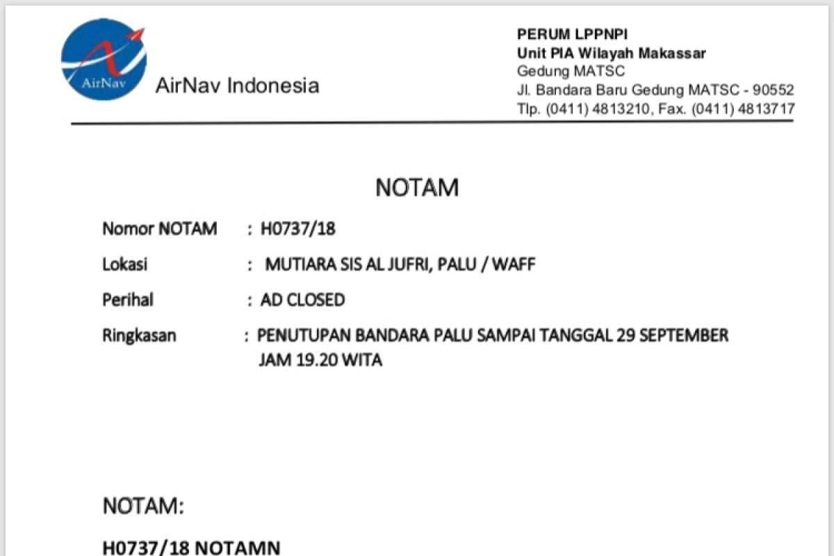 Bandara Palu Ditutup Setelah Gempa