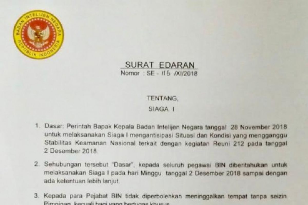 Surat edaran BIN soal Siaga I Reuni 212 hoaks