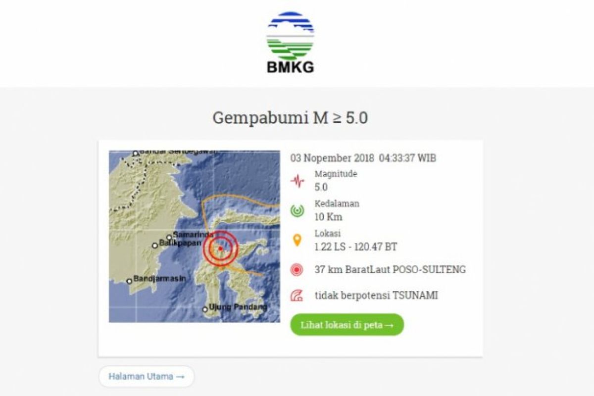 Gempa Magnitudo 5,0 guncang Sulteng