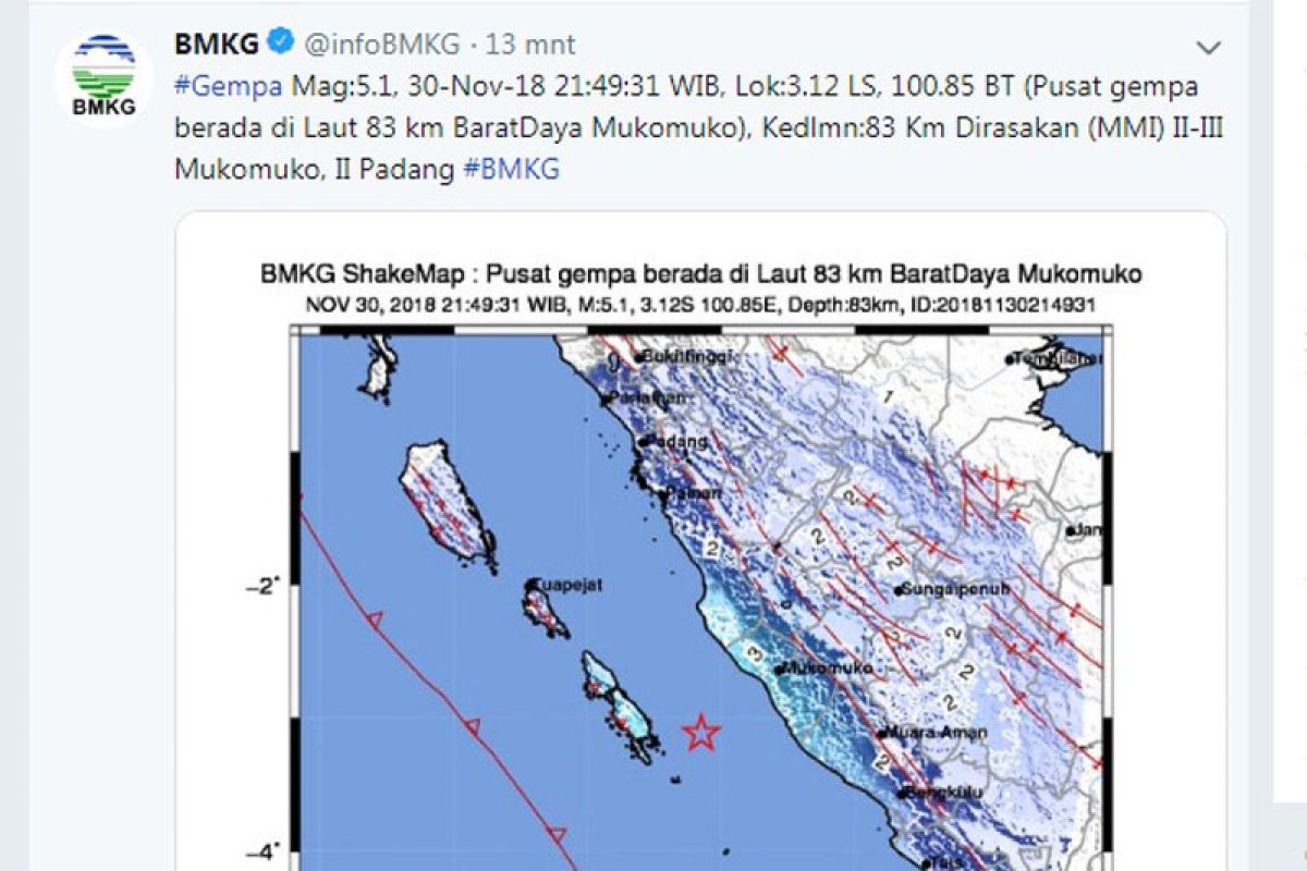 Gempa 5,1 SR kejutkan warga Mukomuko