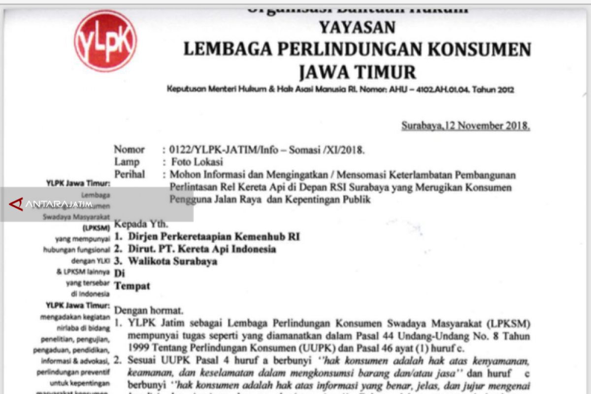 YLPK Somasi Tiga Pimpinan Institusi Terkait Pemasangan Block Rel RSI Surabaya