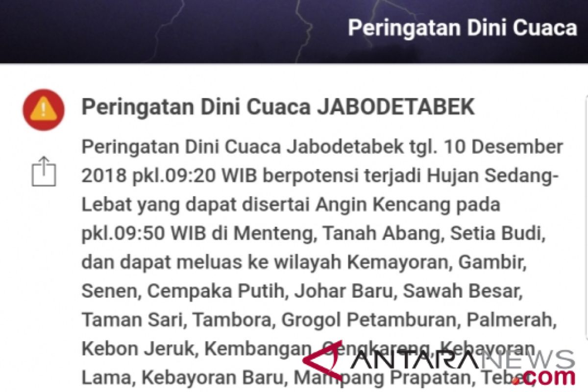 Jabodetabek berpeluang hujan disertai angin kencang