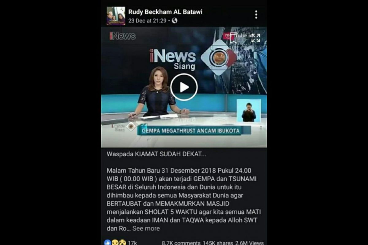 Disinformasi gempa besar dan tsunami pada malam tahun baru