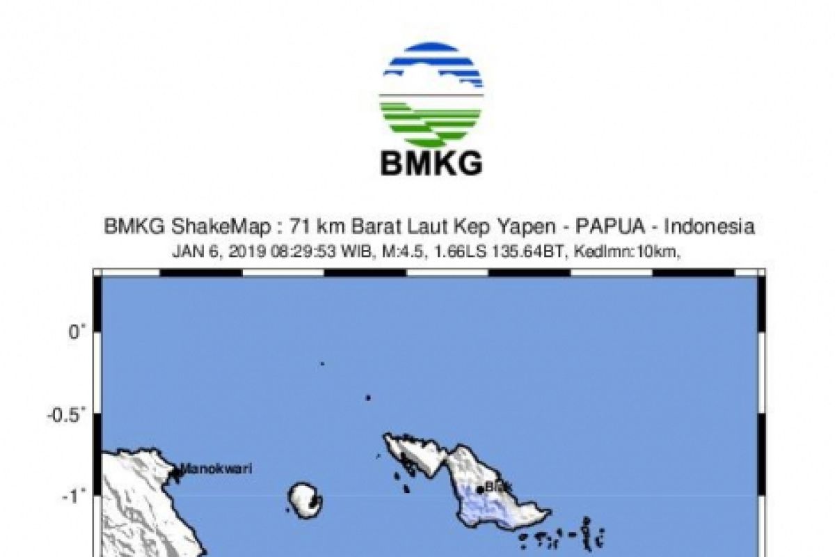 Gempa 4,5 SR guncang Kepulauan Yapen