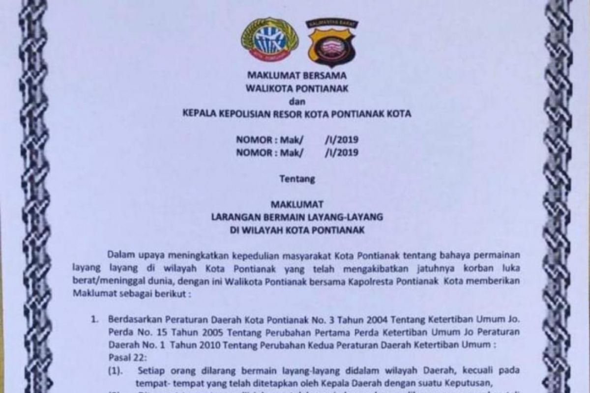 Maklumat bersama larangan bermain layang-layang di Pontianak