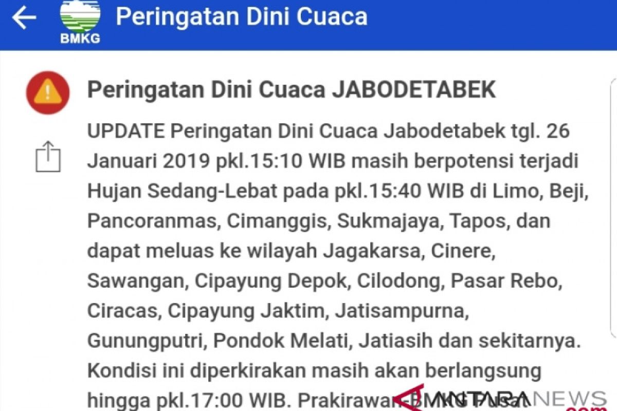 BMKG: waspadai hujan lebat di Jabodetabeka pada Sabtu sore