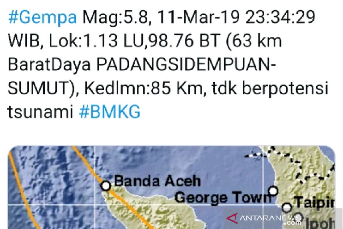 Gempa 5,8 SR guncang Padangsidimpuan