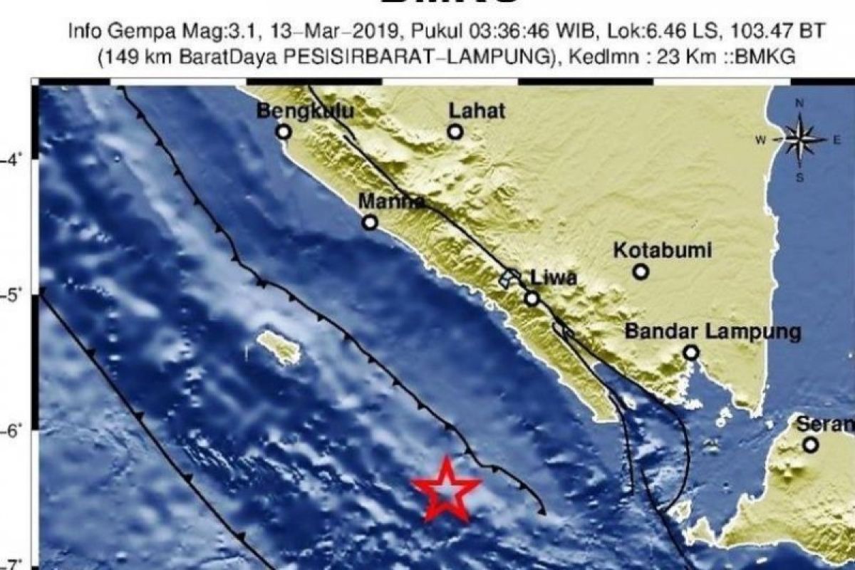 Barat daya Pesisir Barat Lampung hadapi gempa  bermagnitudo 3.1