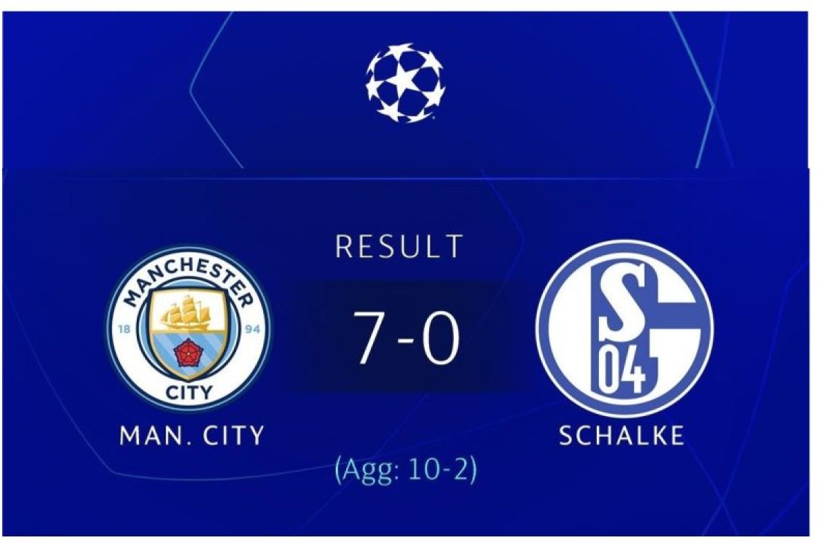 Manchester City hancurkan Schalke 7-0 dan lolos ke perempat final