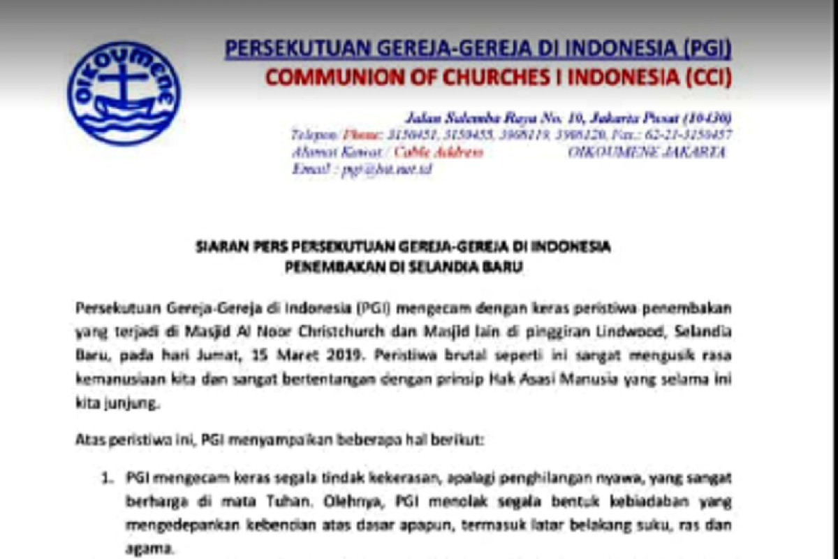 PGI kecam keras tindakan penembakan di Masjid Selandia Baru